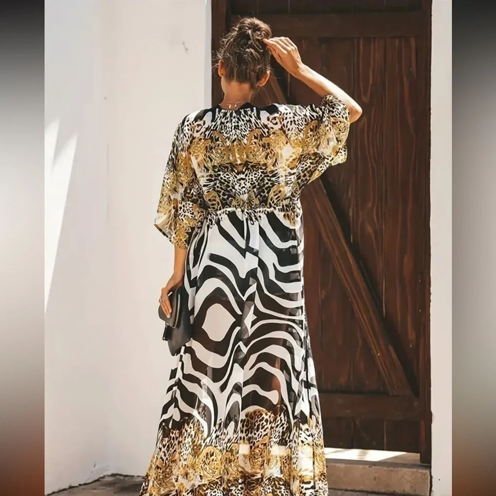 NIB NEW Women’s Maxi CoverUp Tiger Zebra Print Black White Gold TieFront - Picture 3 of 15